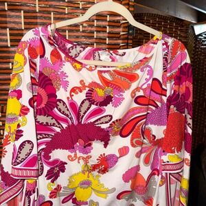 Trina Turk Women's Psychedelic Floral Kaftan Top Coverup Flowy Sz L MSRP $144